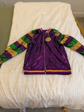 Girls Purple Sequin Bomber Jacket with Green & Gold Stripe Sleeves